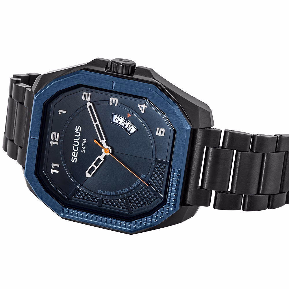 Relógio Seculus Masculino Hexagonal Preto Esportivo
