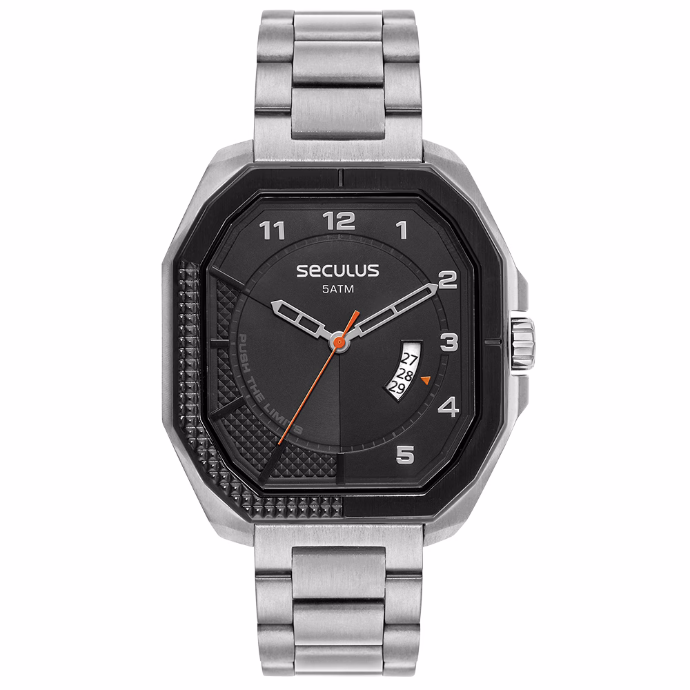 Relógio Seculus Masculino Hexagonal Aço Prata Esportivo