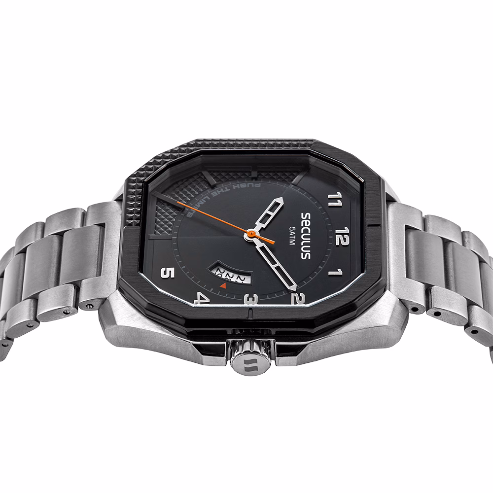 Relógio Seculus Masculino Hexagonal Aço Prata Esportivo
