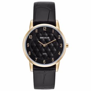 Relógio Seculus Masculino Slim Dourado Pulseira Couro Preta