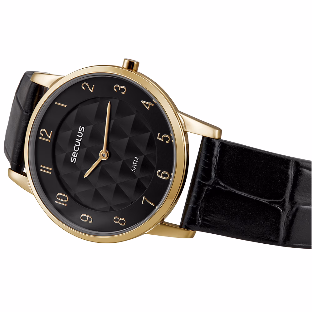 Relógio Seculus Masculino Slim Dourado Pulseira Couro Preta