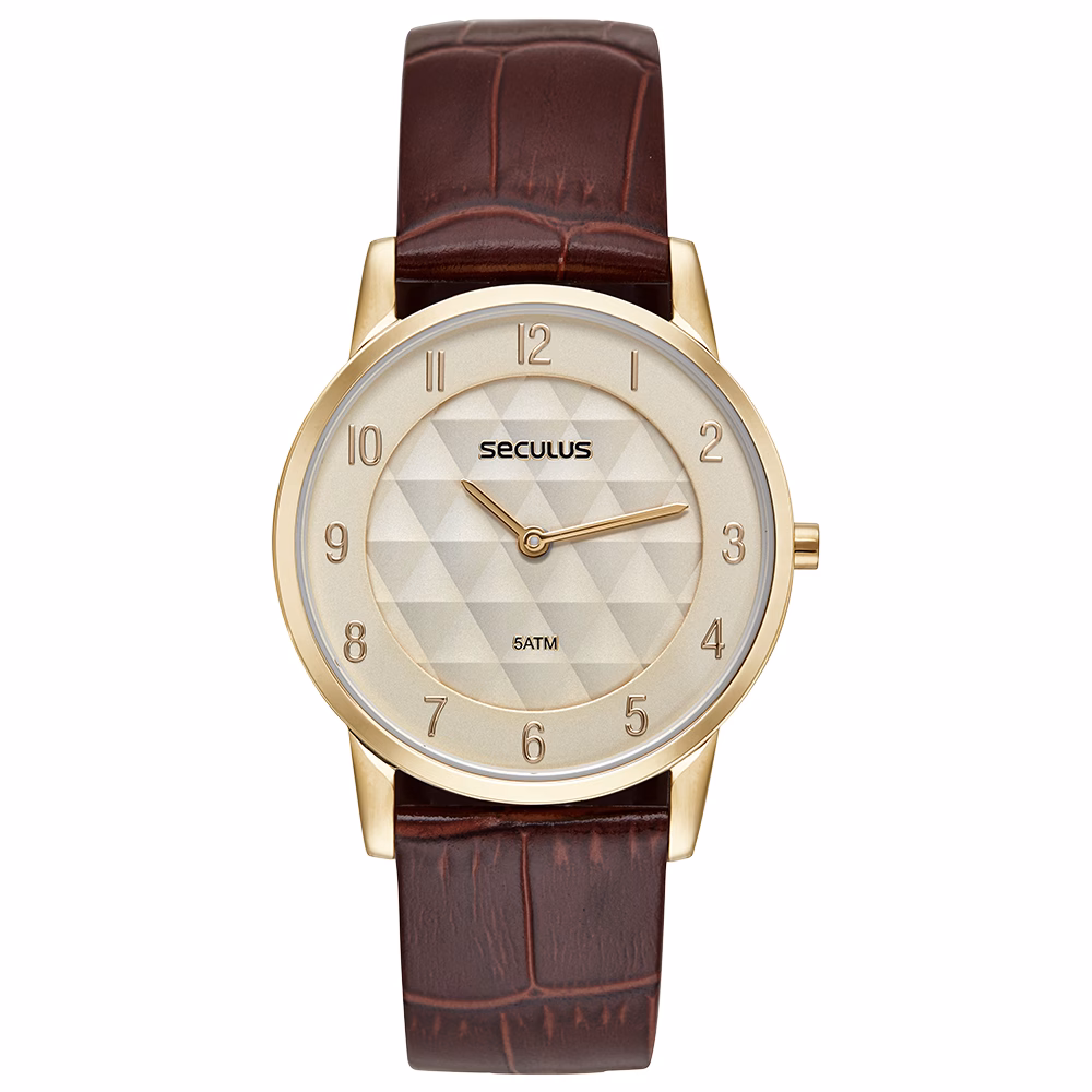 Relógio Seculus Masculino Slim Dourado Pulseira Couro Marrom