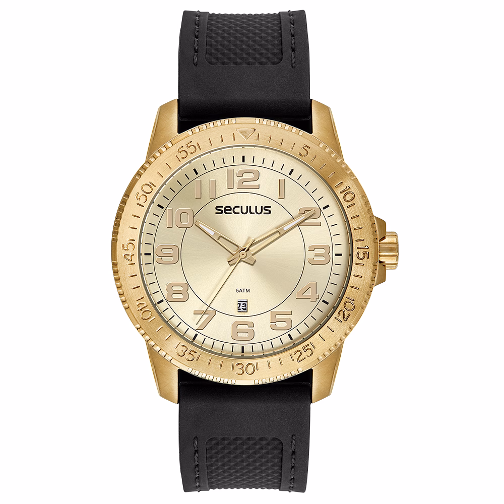 Relógio Seculus Masculino Dourado Pulseira Silicone Preta
