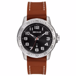 Relógio Seculus Masculino Prata Pulseira Silicone Marrom