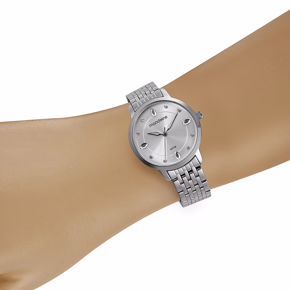 Relógio Mondaine Feminino Prata Social Mostrador Com Pedras