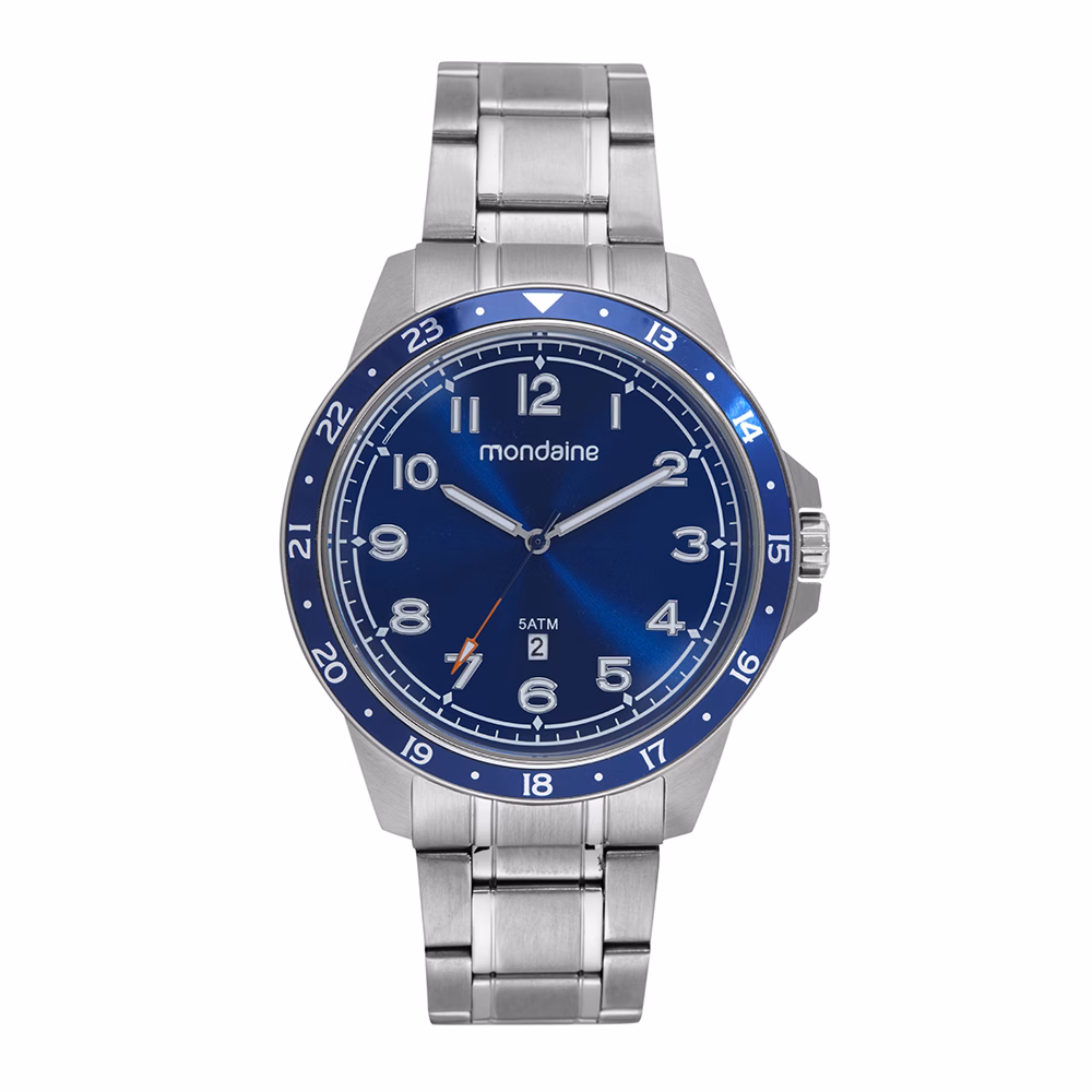 Relógio Mondaine Masculino Com Calendário Prata e Visor Azul